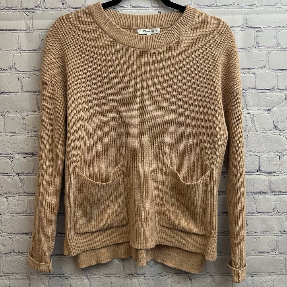 Madewell Front Pocket Pullover Ribbed Crew Neck Sweater Tan Size Small Cottage